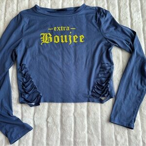 Extra Boujee Cropped Top Sz Large Blue Long Sleeve Ripped Sides Y2K Grunge